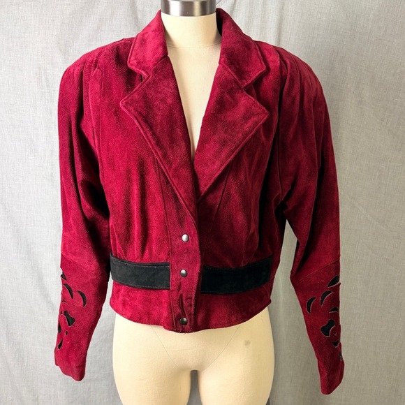 Vintage Phoenix Burgundy Black Suede Cutout Cropped Jacket M Art Western AS‎ IS - Picture 3 of 16